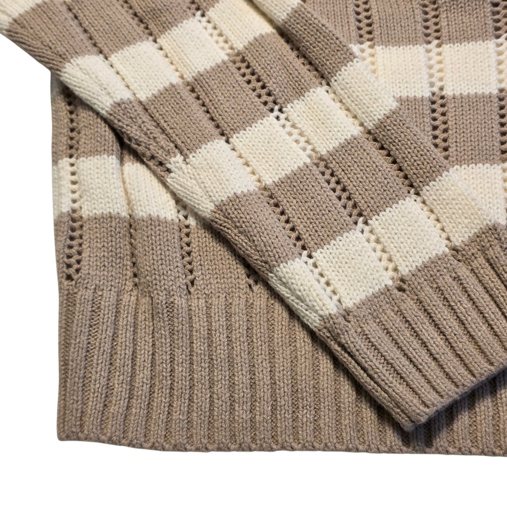 A New Day Quarter Zip Sweater Women Medium Tan Cream Excellent Striped Pointelle - Picture 6 of 10